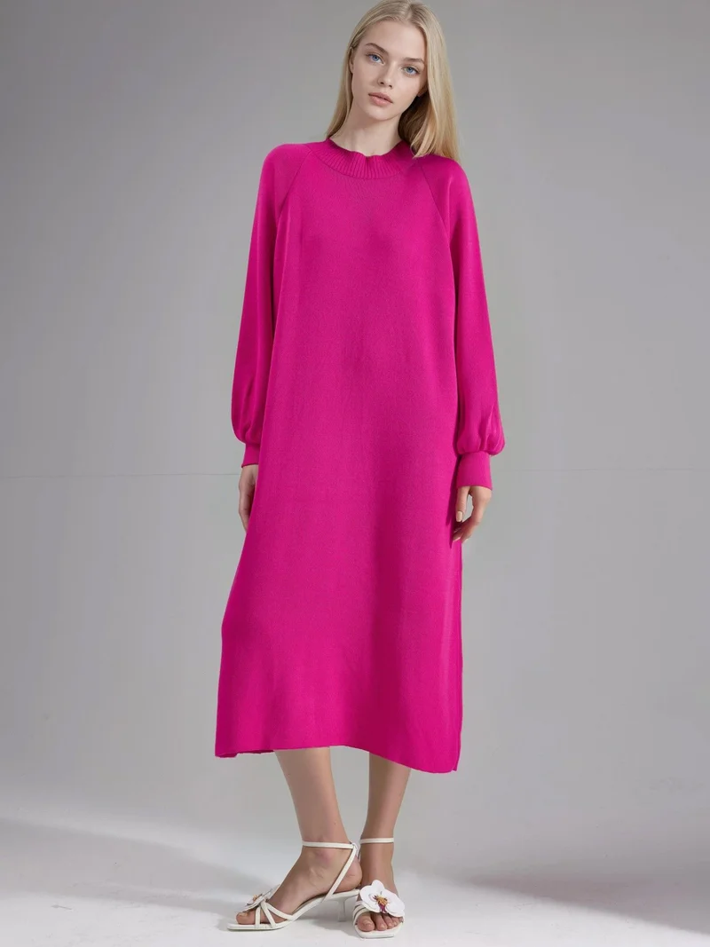 MY FASHION Magenta Pink MY FASHION Long Loose Fit Ribbed Knit Dress with Crew Neck for Women | Best Price UAE